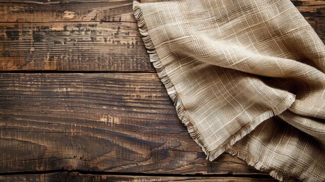 Textile napkin on wooden table with space for text