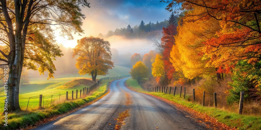 Canvas Prints Meandering country road surrounded by misty autumn colors and peaceful ambiance , rural, pastoral, peaceful, tranquil, misty, foggy