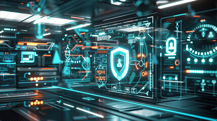 A futuristic digital security interface displaying holographic locks and data streams