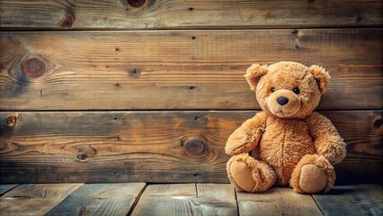 Toy bear sitting on a rustic wooden background , toy, bear, plush, wooden, background, vintage, cute, playful, childhood