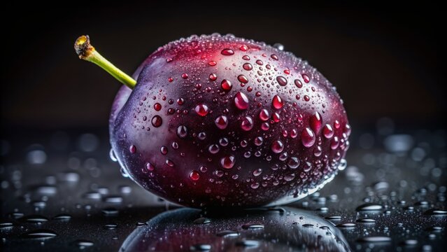 Glossy damson plum partially submerged in water droplets scattered on black background with subtle reflection, exuding freshness and serenity atmosphere.