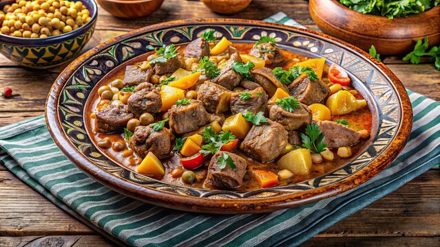 Traditional Libyan Bazin dish with tender lamb stew, served in a large communal dish , Libya, food, cuisine, North Africa
