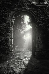 Dark, narrow passage with sunbeam shining through archway