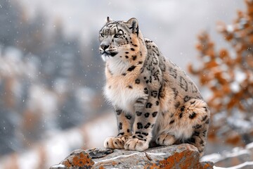 A snow leopard gracefully perched on a rocky ledge in the Himalayas, its thick fur blending with the snowy landscape. 