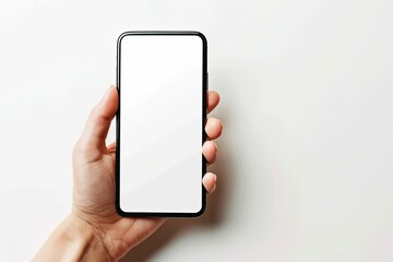 Smartphone mockup on hand with white blank screen created with Generative AI