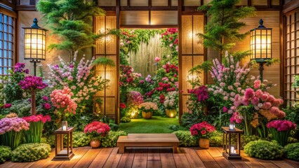 Vibrant blooming flowers and lush greenery surround a beautifully lit, serene Asian-inspired backdrop with subtle natural wood accents.