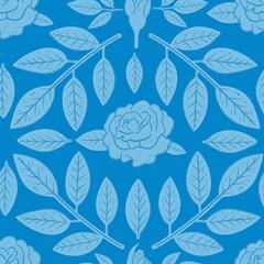 Damask rose tile seamless pattern. Blue French roses allover illustration. Hand drawn textured flowers and leaves in monochromatic bright blue background. Floral motifs raster ikat backdrop