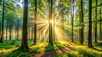 Fototapeta premium Sunlight filtering through the trees in a peaceful morning forest scene, nature, tranquil, peaceful, trees, greenery
