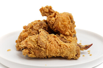 Crispy and crunchy fried chicken isolated on white background. perfect for photo illustration, design element, or any commercial purposes.