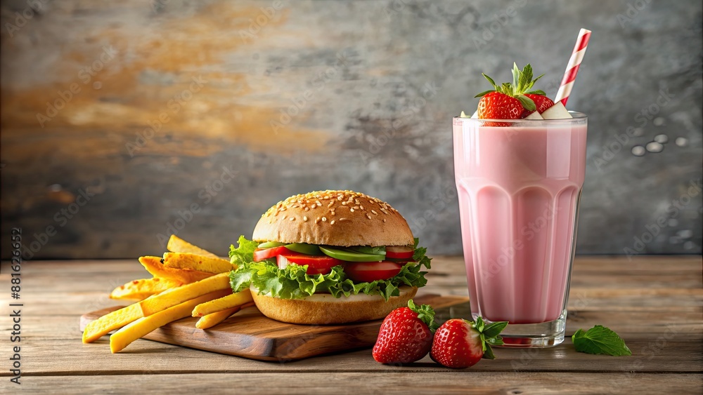 Canvas Prints Strawberry milkshake served with a juicy burger and crispy fries , Food, Drink, Meal, Fast food, American cuisine