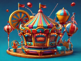 Design a 3D realistic vintage carnival scene, capturing the detailed attractions, vibrant colors, and nostalgic atmosphere.