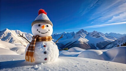 Obraz premium Snowman with carrot nose and coal eyes standing in winter mountain landscape with clear blue sky in the background , snow, winter, mountain