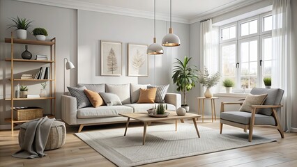 Fototapeta premium Stylish and minimalist Scandinavian living room interior with neutral colors and elegant furniture