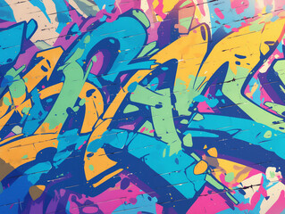 close-up of vibrant graffiti tags on a brick wall showcasing colorful abstract designs, bold street art elements