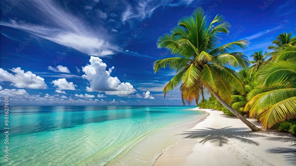 Poster Tropical paradise with white sandy beach, turquoise water, and palm trees , Palm trees, beach, tropical, paradise, ocean