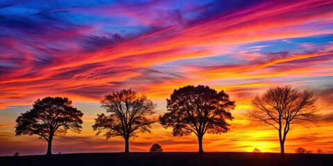Silhouetted trees against a vibrant sunset sky, sunset, trees, silhouette, nature, dusk, colorful, evening, outdoors