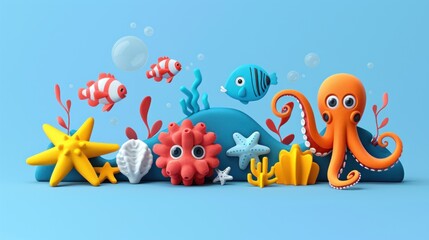 Fototapeta premium Playful flat design illustration of underwater sea creatures in a captivating 3D clipart style. Features include fish, starfish, coral, and a friendly octopus, all rendered in vivid colors and