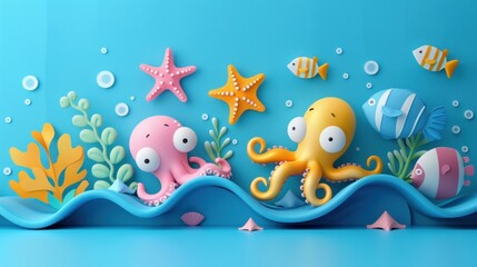 Playful flat design illustration of underwater sea creatures in a captivating 3D clipart style. Features include fish, starfish, coral, and a friendly octopus, all rendered in vivid colors and