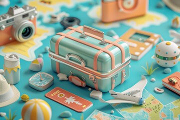 Whimsical flat design illustration of summer travel essentials in an appealing 3D clipart style. Includes items like a suitcase, camera, map, and passport, all depicted with bright, cheerful colors