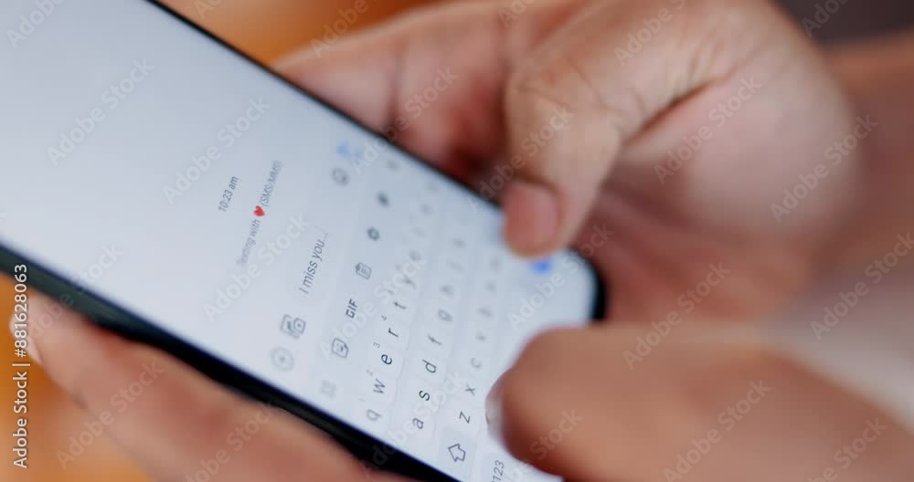 Poster Hands, mobile and screen with message for typing on internet, communication on app with notification. Text, emoji and person with phone for digital networking or chat, mockup with technology for love