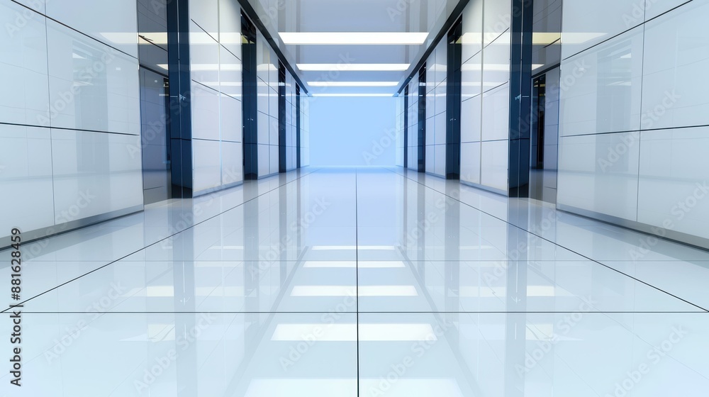 Poster dynamic video loop of a modern empty office corridor with glass walls and a bright workspace, perfec