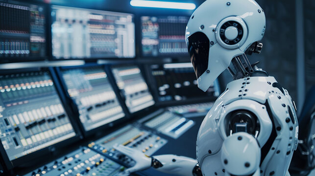 Futuristic robots in modern recording studio