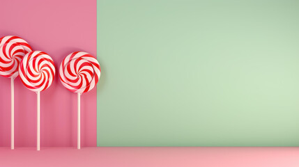 Vibrant lollipops against a green wall and pink backdrop. Minimalist candy display idea.