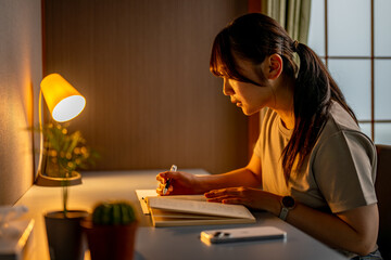 勉強机で学習する女性