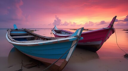 Fototapeta premium Stunning double exposure of tranquil beach sunrise with silhouette fishing boats in purple and orange sky.