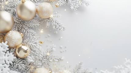 copy space, stockphoto, festive celebrate christmas eve background concept banner of xmas decorate ball and snow flake christmas tree white colour scheme mock up template seasonal design