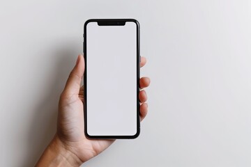 Smartphone mockup on hand with white blank screen created with Generative AI