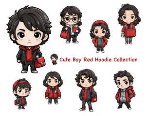 Cute boy in red hoodie clip art-set of cartoon characters -Ai Generate