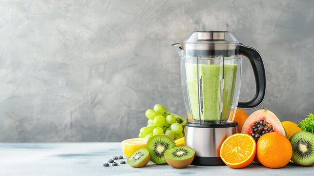 Elderly lady making smoothies in kitchen.