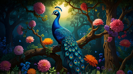 A vividly colorful 3D mural portraying a magnificent blue peacock perched on an ancient tree branch surrounded by mystical glowing flowers, generative.ai
