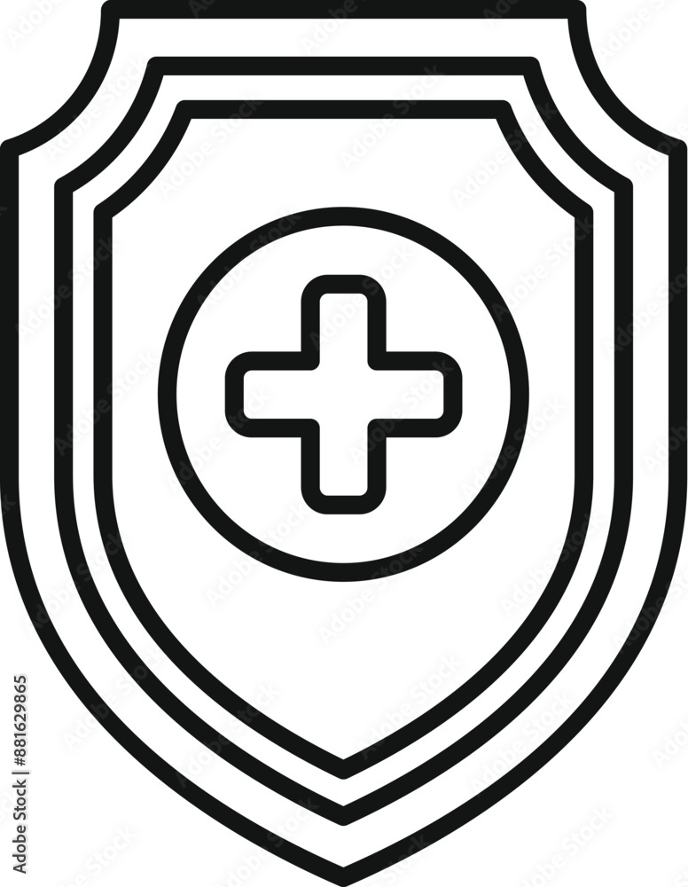 Poster simple line drawing of a shield protecting from virus and germs with a cross symbol
