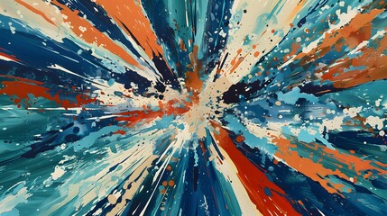 This striking abstract image showcases a symphony of radial lines in shades of blue, orange, and teal, converging into a dynamic central burst adorned with splatters of navy and cream. 