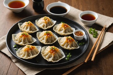 fresh japanese gyoza dumplings with soya souce