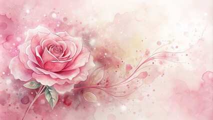 Delicate pink watercolor splash background adorned with elegant line art rose illustration, conveying whimsical romance and feminine charm effortlessly.