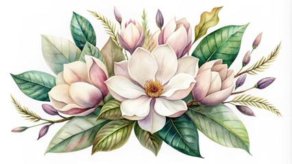 Delicate, hand-painted watercolor magnolia flower and leaf bouquet illustration isolated on a clean white background with soft, feathery textures.