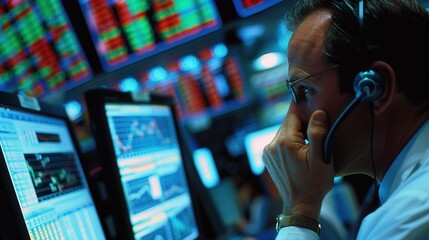 Busy Stockbroker on the Phone in Trading Floor with Data Screens, Side Angle View