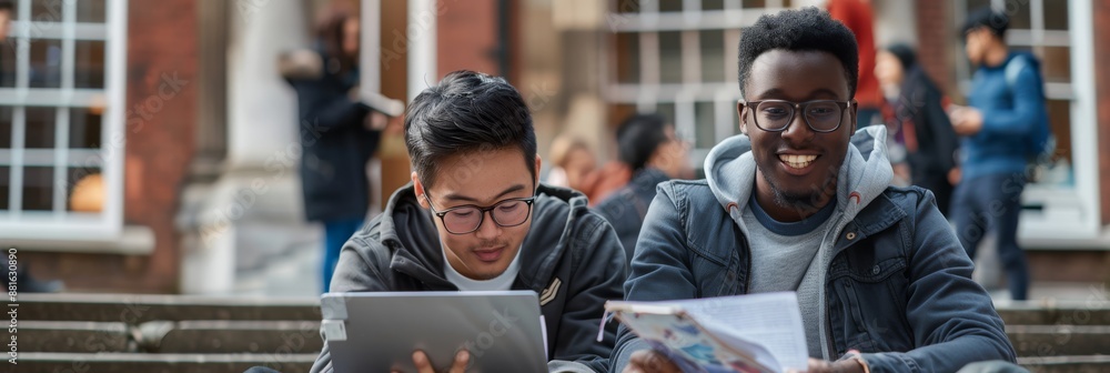 Poster Happy and diverse students are studying together outdoors on a university campus, using technology to collaborate and learn. They are smiling and enjoying their study session in a group setting