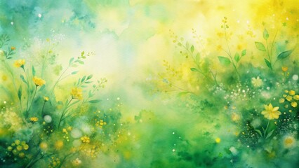 Fototapeta premium Vibrant yellow and green watercolor background with soft blended hues and organic textures, evoking a sense of spring's renewal and freshness.