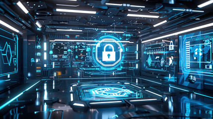 A futuristic digital security interface displaying holographic locks and data streams