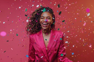Expressing pure delight, a businesswoman in a stylish suit basks in the shower of confetti, her radiant smile echoing the pink theme of celebration.