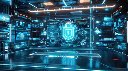 A futuristic digital security interface displaying holographic locks and data streams