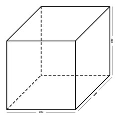 Illustration of a cube with a description of its dimensions