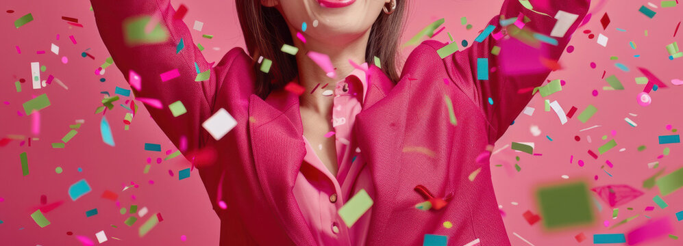 Expressing pure delight, a businesswoman in a stylish suit basks in the shower of confetti, her radiant smile echoing the pink theme of celebration.