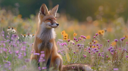Fototapeta premium A charming red fox sitting in a field of wildflowers, blending into its natural environment