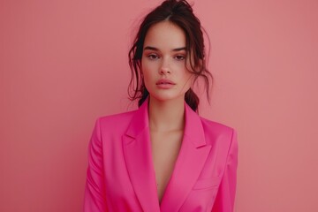 Fototapeta premium A professional-looking woman in a bright pink suit jacket poses confidently against a pink background