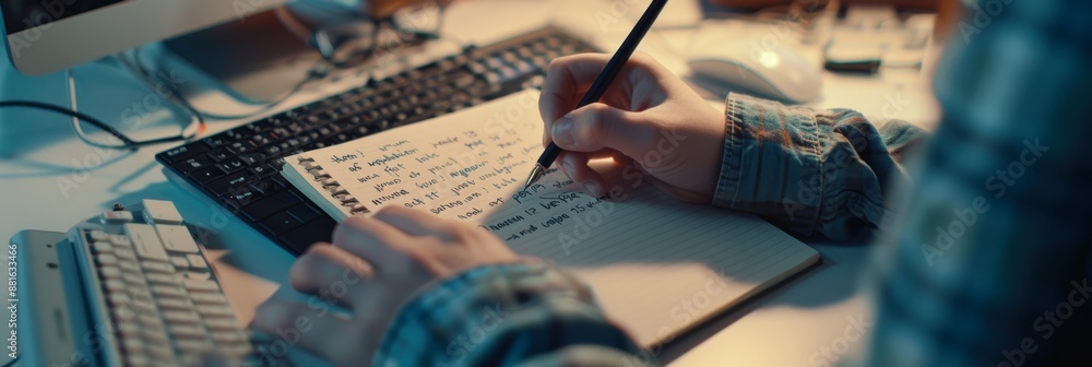Poster In this scene, a person is working or studying at a desk, writing notes with a keyboard and notepad, in an office or home office setting. It portrays focus and productivity in a modern workspace